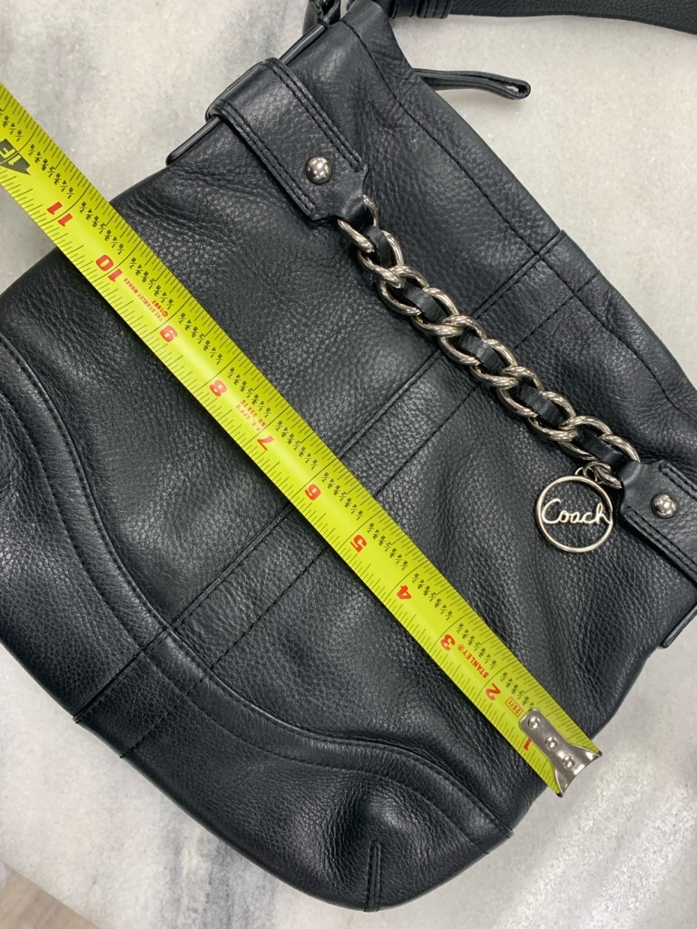 Coach Black Pebbled Leather Shoulder Bag with Chain Charm - Picture 6 of 8
